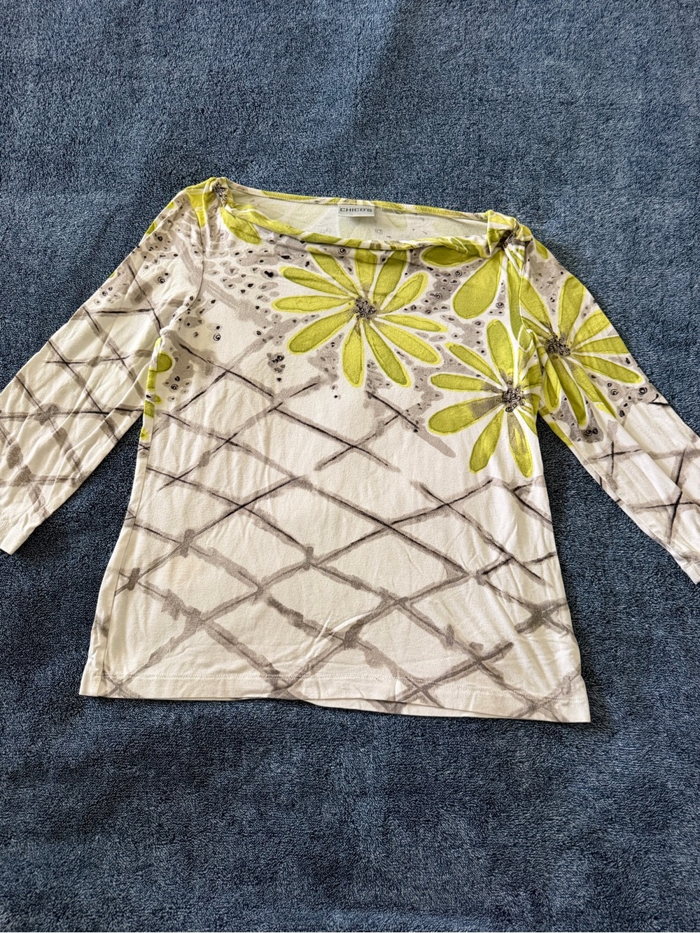 Chico's Cream Top with Lime Floral Accents